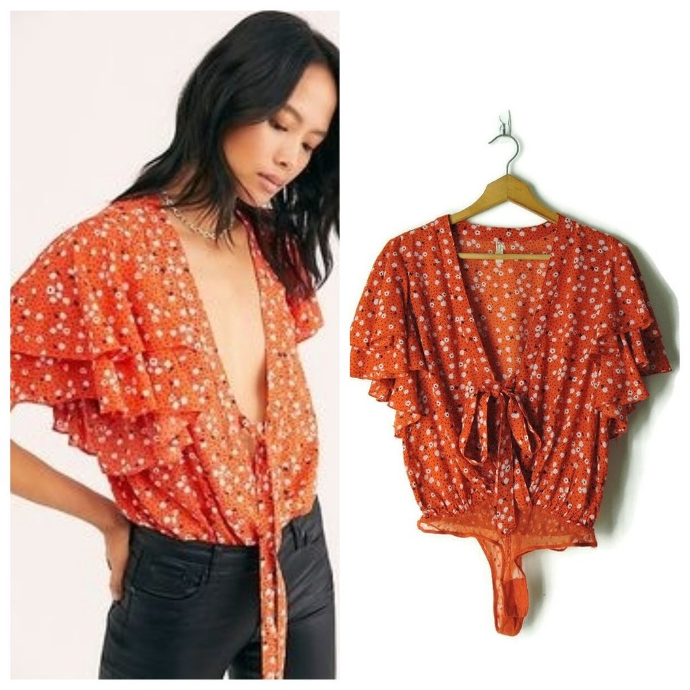 Free People Call Me Later floral Bodysuit blouse deep V-neck top mesh tongs S